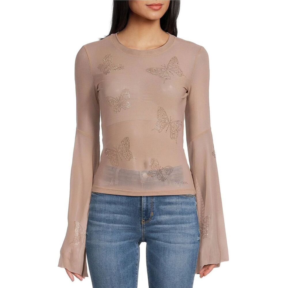 GUESS Fiamma Bell-Sleeve Butterfly Mesh Top NWT‎ XS